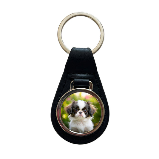 Japanese Chin Dog Puppy Photo Black Leather Metal Keychain