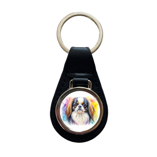 Japanese Chin Dog Watercolor Style Black Leather Metal Keychain