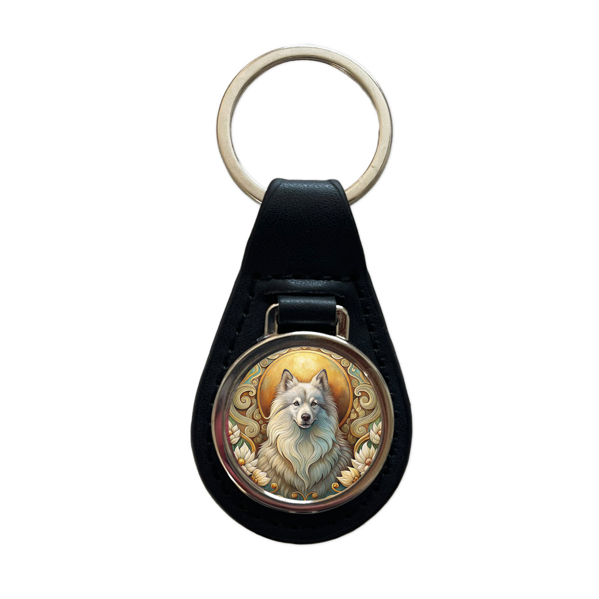 Keeshond Dog Art Nouveau Black Leather Metal Keychain