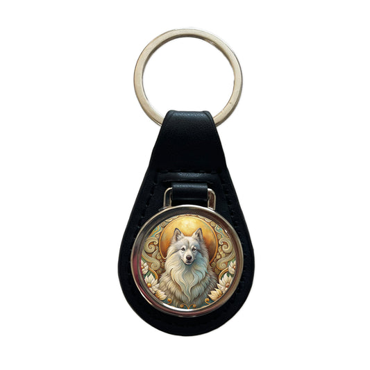 Keeshond Dog Art Nouveau Black Leather Metal Keychain