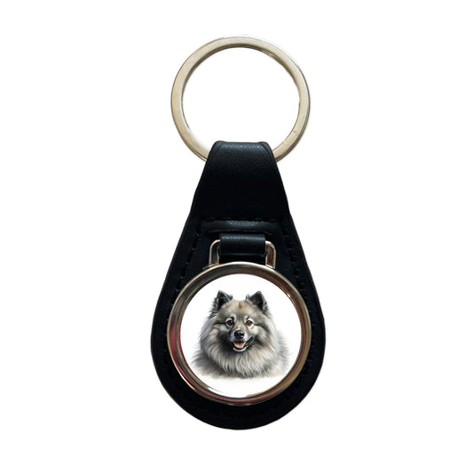 Keeshond Dog Illustration Black Leather Metal Keychain