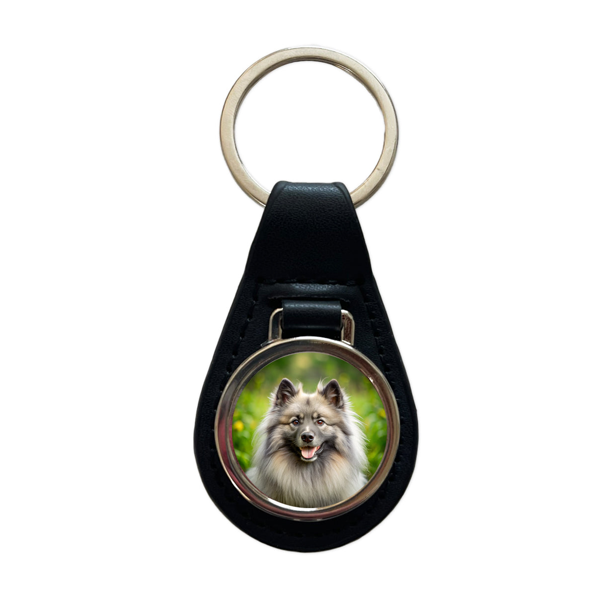 Keeshond Dog Photo Black Leather Metal Keychain