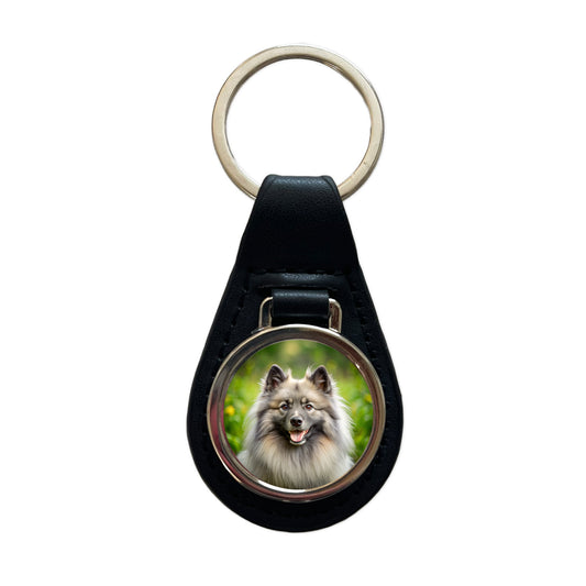 Keeshond Dog Photo Black Leather Metal Keychain