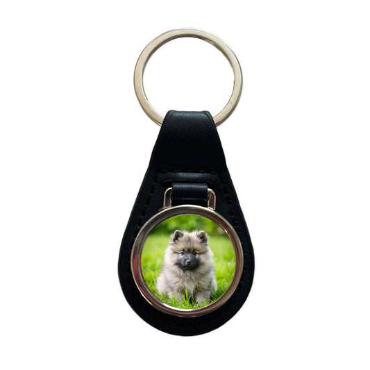 Keeshond Dog Puppy Photo Black Leather Metal Keychain