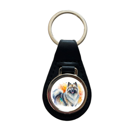 Keeshond Dog Watercolor Style Black Leather Metal Keychain