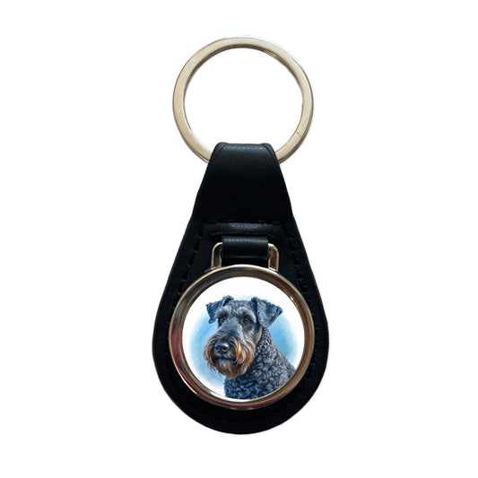 Kerry Blue Terrier Dog Illustration Black Leather Metal Keychain