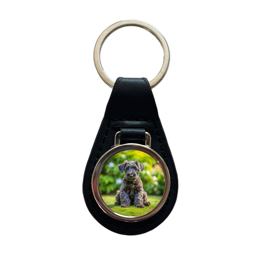 Kerry Blue Terrier Dog Puppy Photo Black Leather Metal Keychain