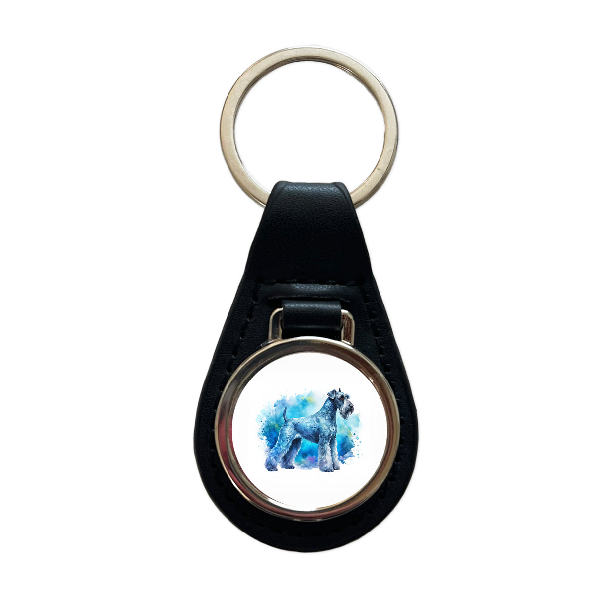 Kerry Blue Terrier Dog Watercolor Style Black Leather Metal Keychain