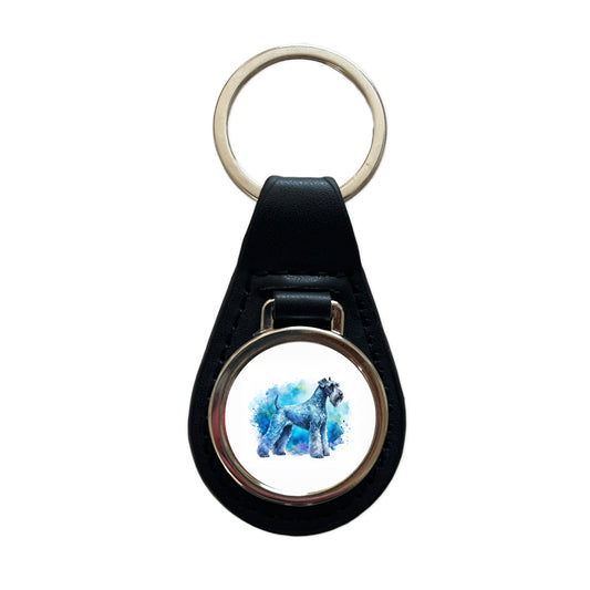 Kerry Blue Terrier Dog Watercolor Style Black Leather Metal Keychain