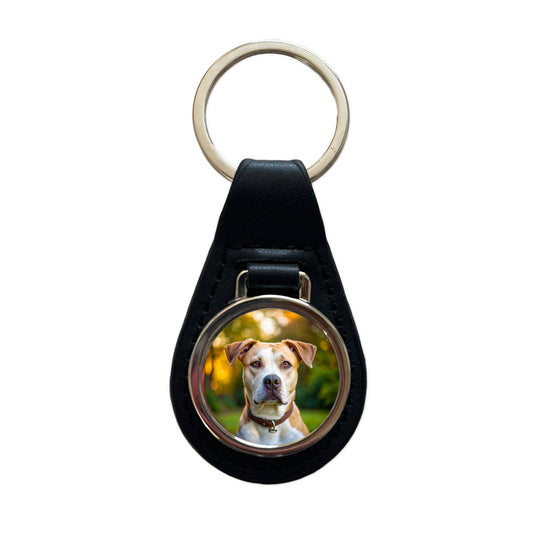 Labrabull Dog Photo Black Leather Metal Keychain