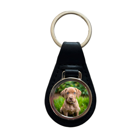 Labrabull Dog Puppy Photo Black Leather Metal Keychain