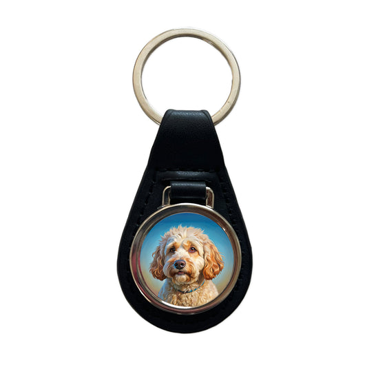 Labradoodle Dog Illustration Black Leather Metal Keychain