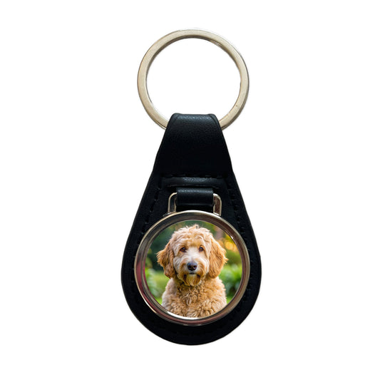 Labradoodle Dog Photo Black Leather Metal Keychain