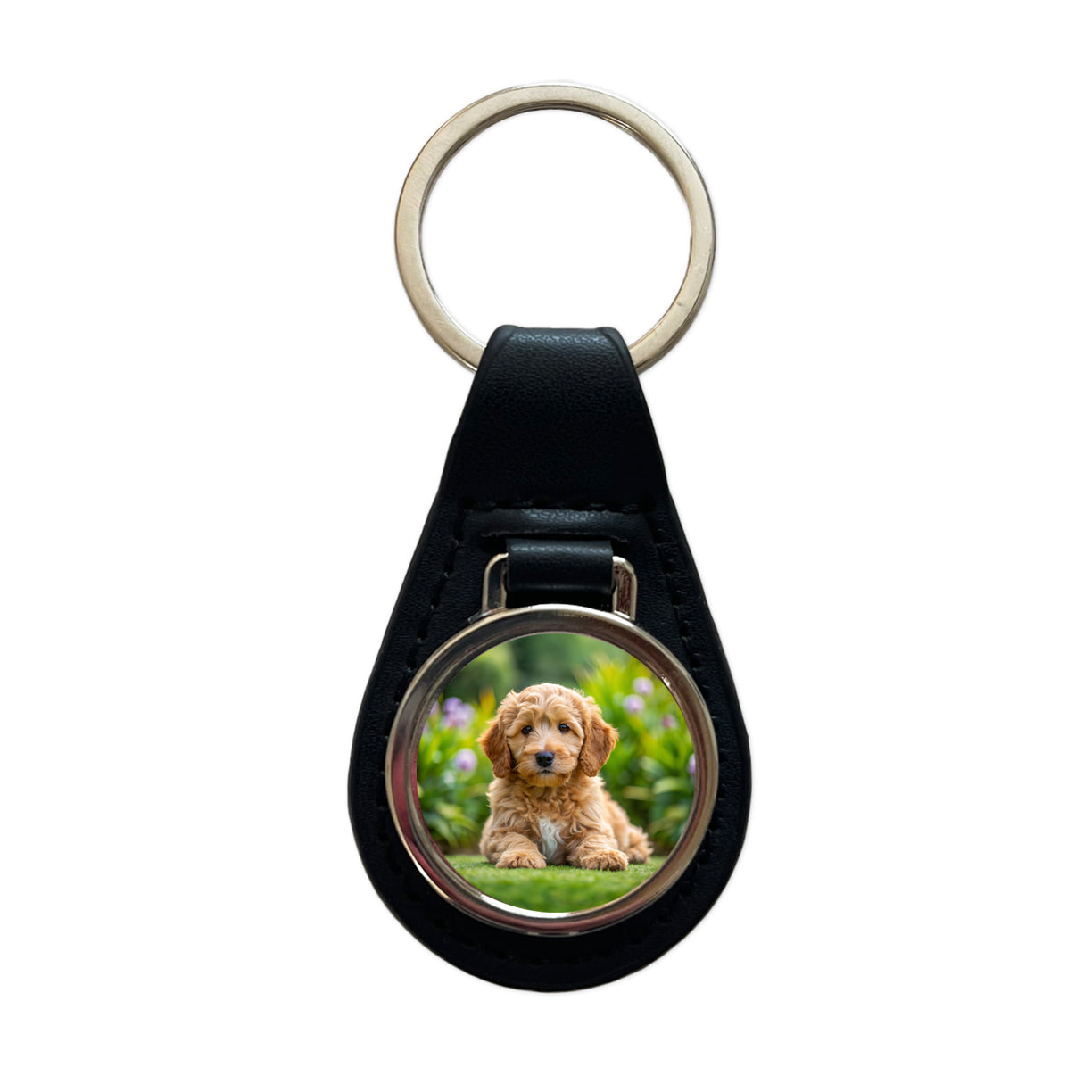 Labradoodle Dog Puppy Photo Black Leather Metal Keychain