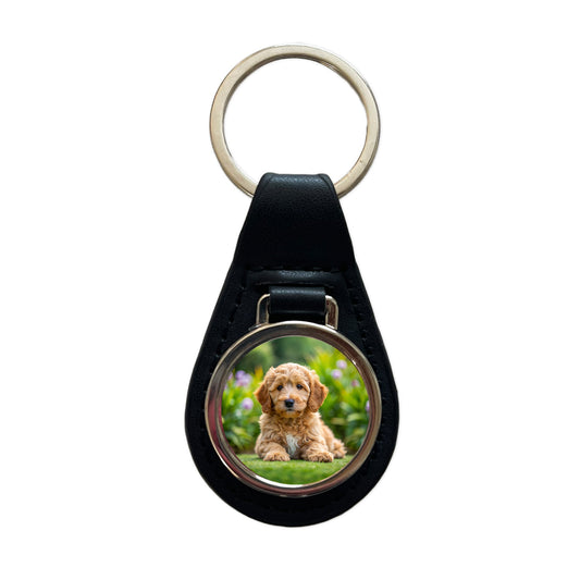 Labradoodle Dog Puppy Photo Black Leather Metal Keychain