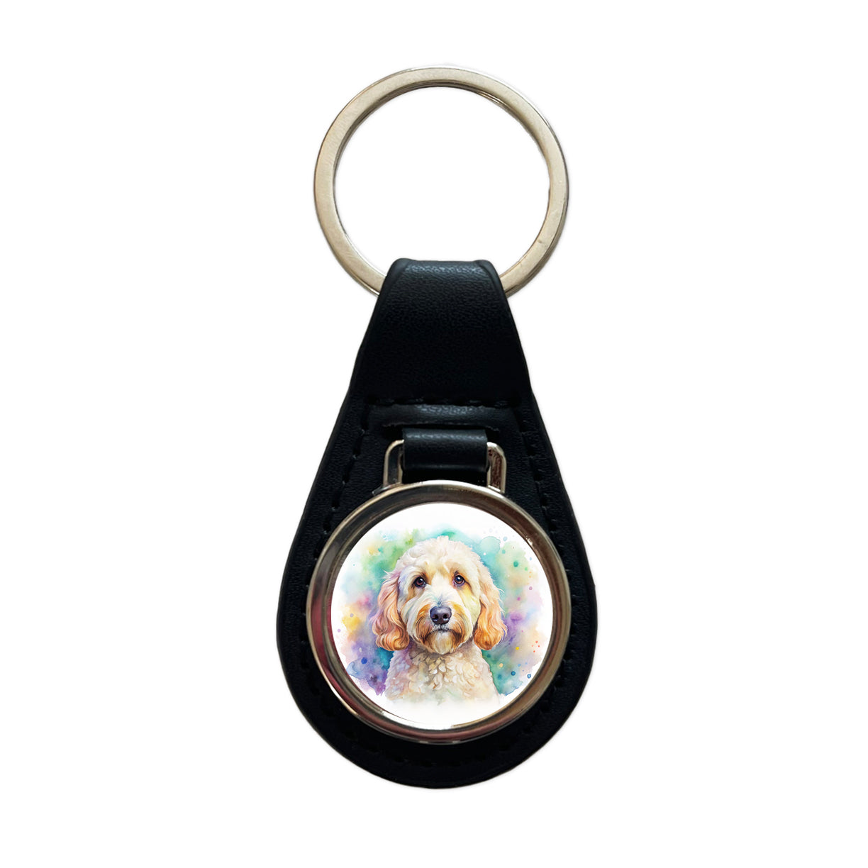 Labradoodle Dog Watercolor Style Black Leather Metal Keychain