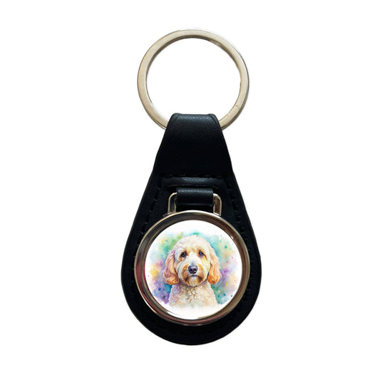 Labradoodle Dog Watercolor Style Black Leather Metal Keychain