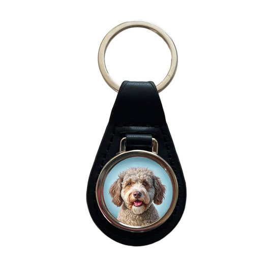 Lagotto Romagnolo Dog Illustration Black Leather Metal Keychain