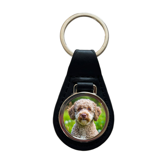 Lagotto Romagnolo Dog Photo Black Leather Metal Keychain