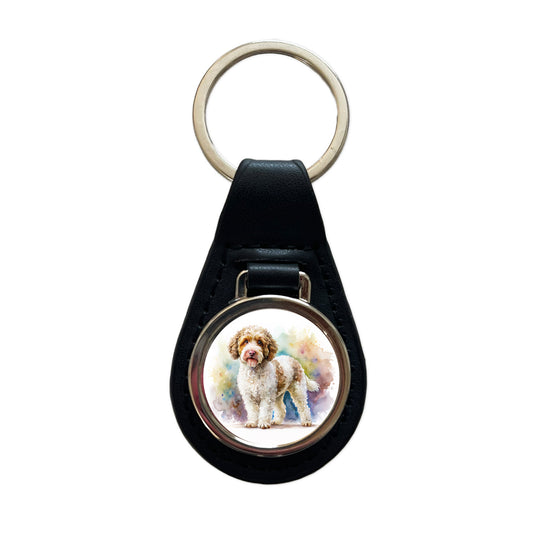 Lagotto Romagnolo Dog Watercolor Style Black Leather Metal Keychain