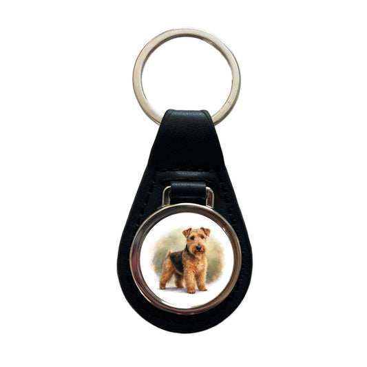 Lakeland Terrier Dog Illustration Black Leather Metal Keychain