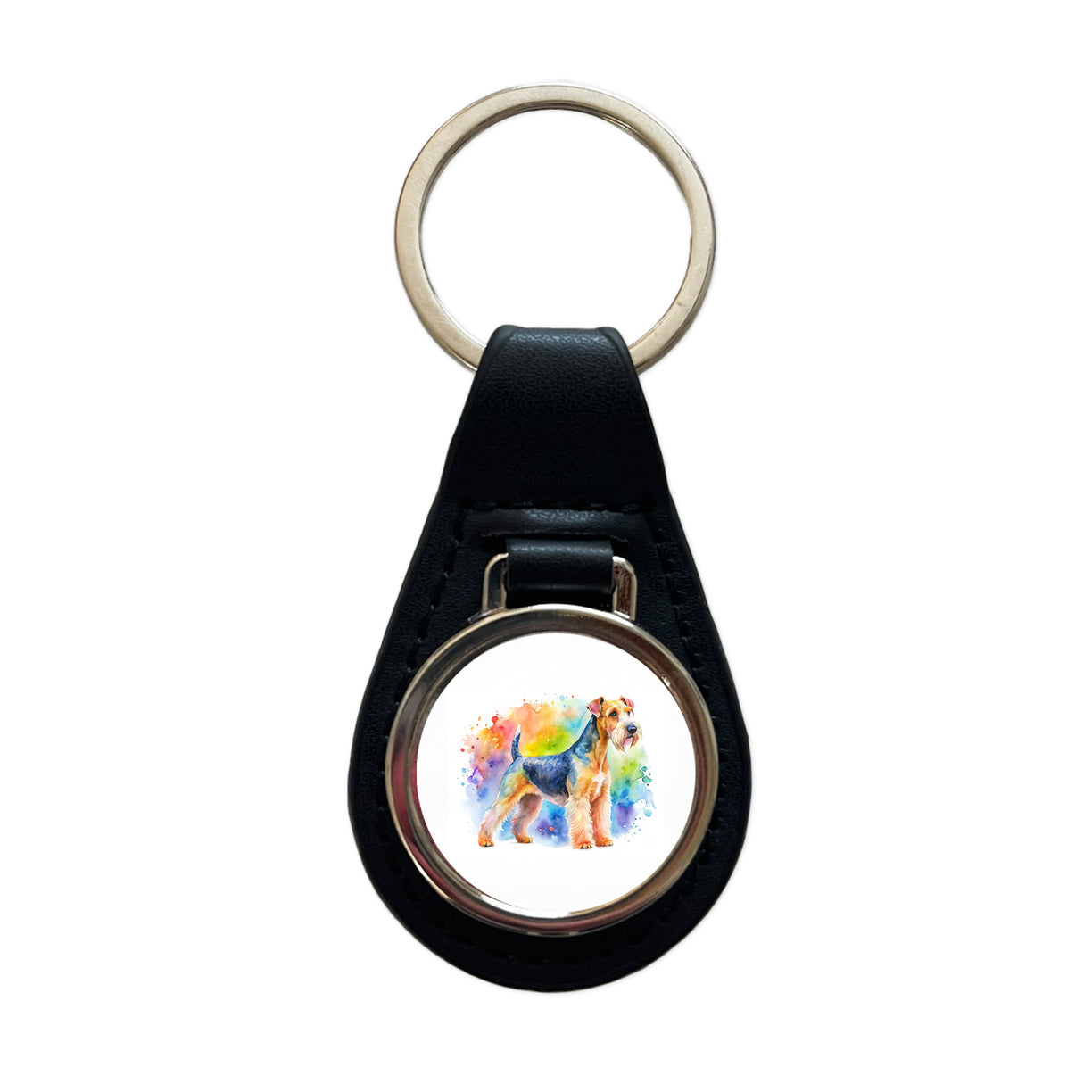 Lakeland Terrier Dog Watercolor Style Black Leather Metal Keychain