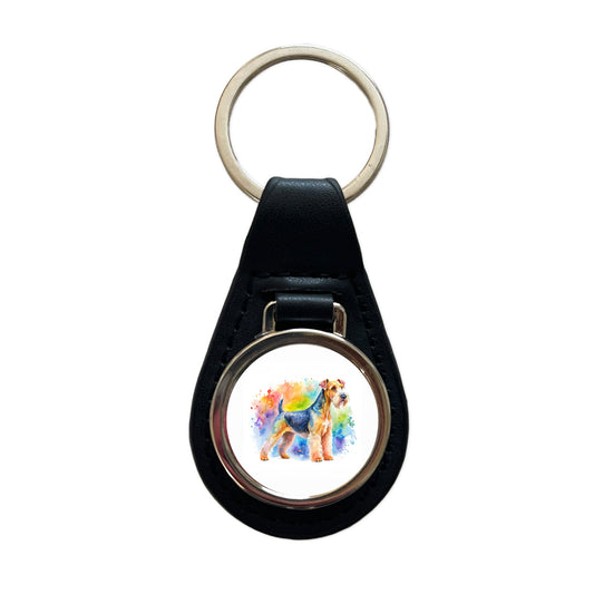 Lakeland Terrier Dog Watercolor Style Black Leather Metal Keychain