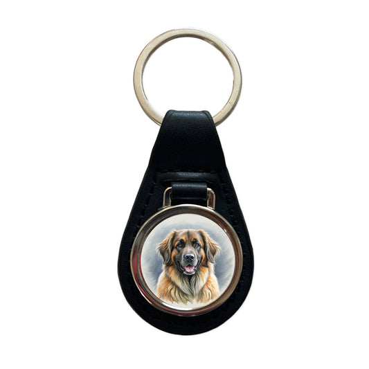 Leonberger Dog Illustration Black Leather Metal Keychain