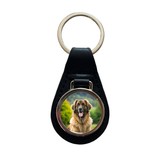 Leonberger Dog Photo Black Leather Metal Keychain