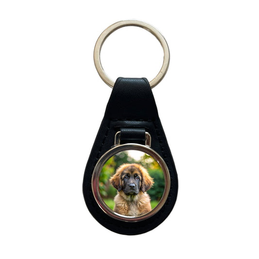 Leonberger Dog Puppy Photo Black Leather Metal Keychain