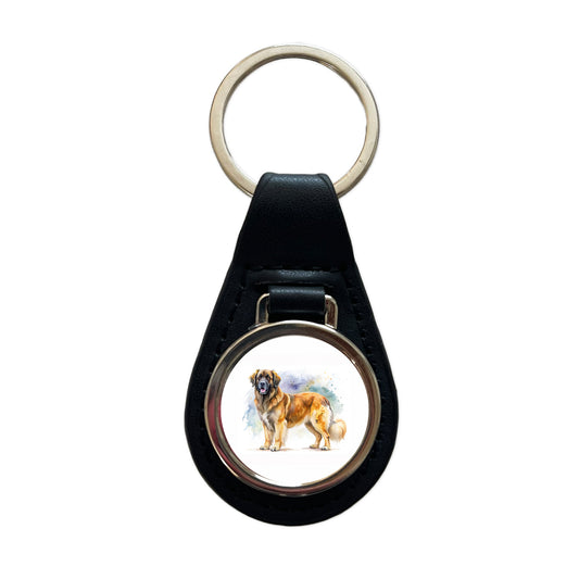 Leonberger Dog Watercolor Style Black Leather Metal Keychain