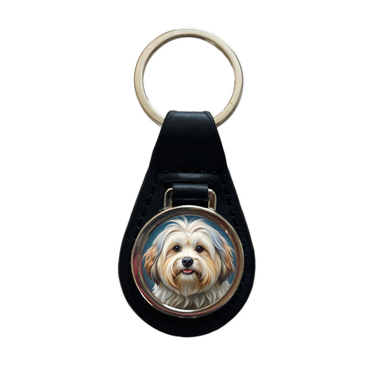 Lhasa Apso Dog Illustration Black Leather Metal Keychain