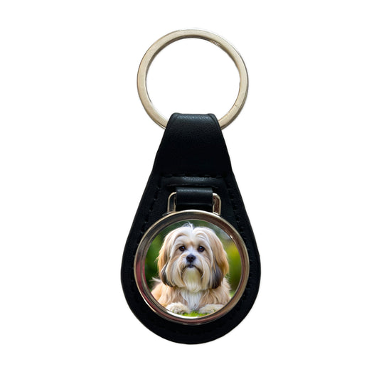 Lhasa Apso Dog Photo Black Leather Metal Keychain