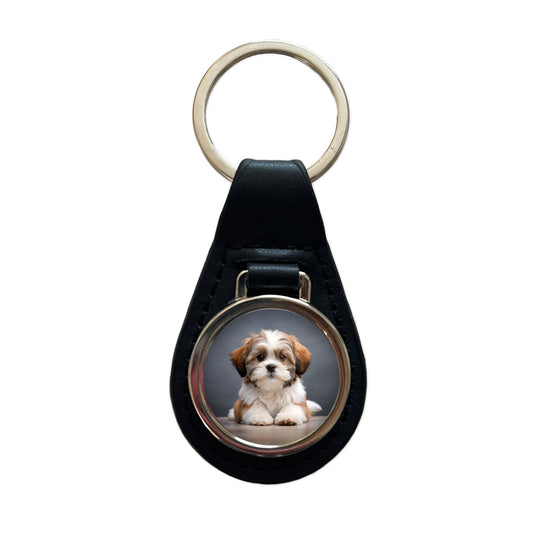 Lhasa Apso Dog Puppy Photo Black Leather Metal Keychain