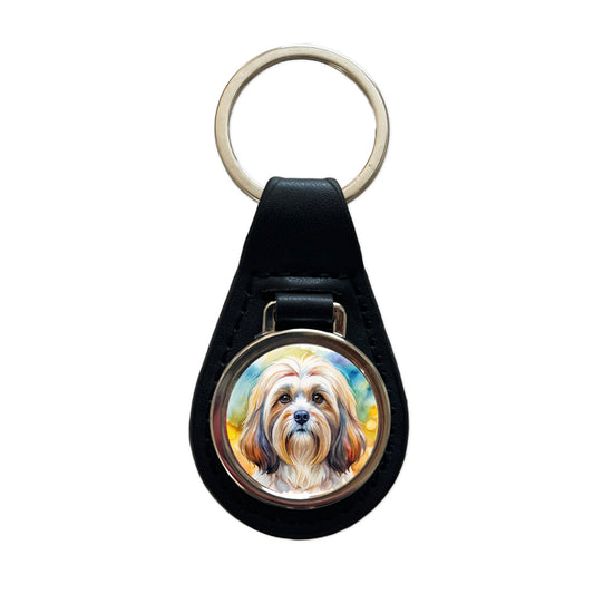 Lhasa Apso Dog Watercolor Style Black Leather Metal Keychain