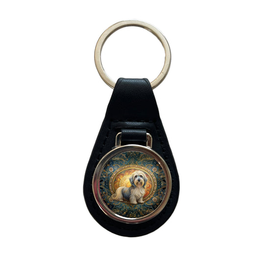 Lowchen Little Lion Dog Art Nouveau Black Leather Metal Keychain