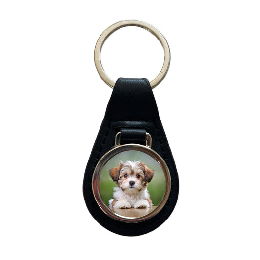 Lowchen Little Lion Dog Puppy Photo Black Leather Metal Keychain