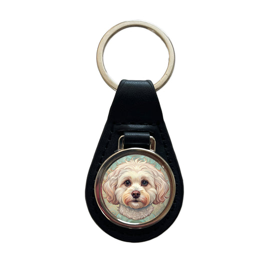 Maltipoo Dog Art Nouveau Black Leather Metal Keychain