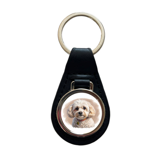 Maltipoo Dog Illustration Black Leather Metal Keychain