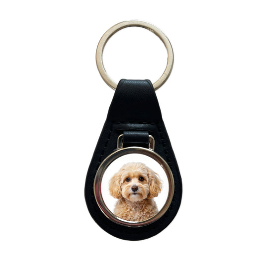 Maltipoo Dog Photo Black Leather Metal Keychain