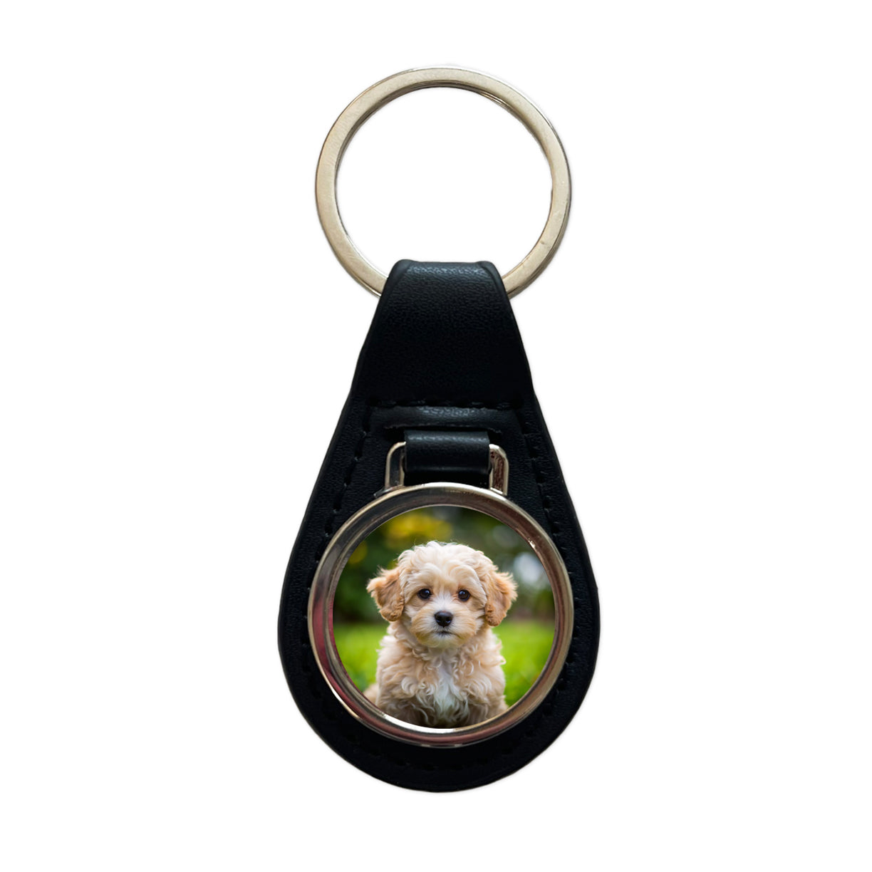 Maltipoo Dog Puppy Photo Black Leather Metal Keychain