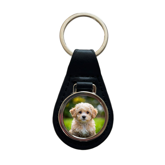 Maltipoo Dog Puppy Photo Black Leather Metal Keychain