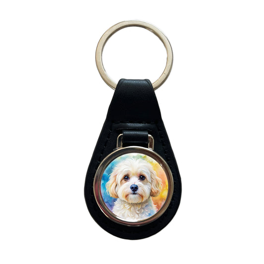Maltipoo Dog Watercolor Style Black Leather Metal Keychain