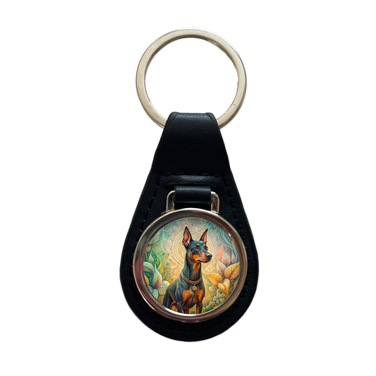 Manchester Terrier Dog Art Nouveau Black Leather Metal Keychain