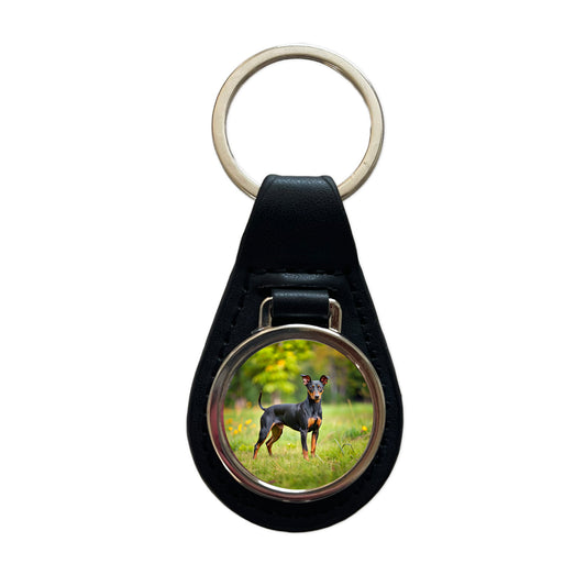 Manchester Terrier Dog Photo Black Leather Metal Keychain