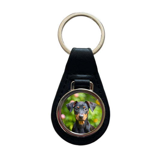Manchester Terrier Dog Puppy Photo Black Leather Metal Keychain