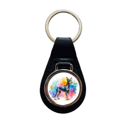 Manchester Terrier Dog Watercolor Style Black Leather Metal Keychain