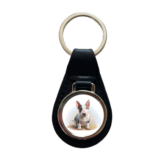 Miniature Bull Terrier Dog Illustration Black Leather Metal Keychain