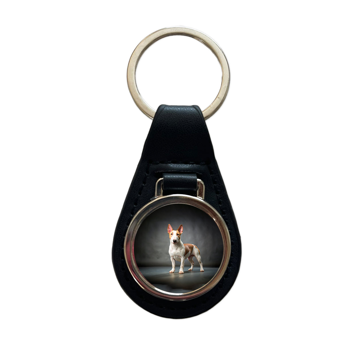 Miniature Bull Terrier Dog Photo Black Leather Metal Keychain