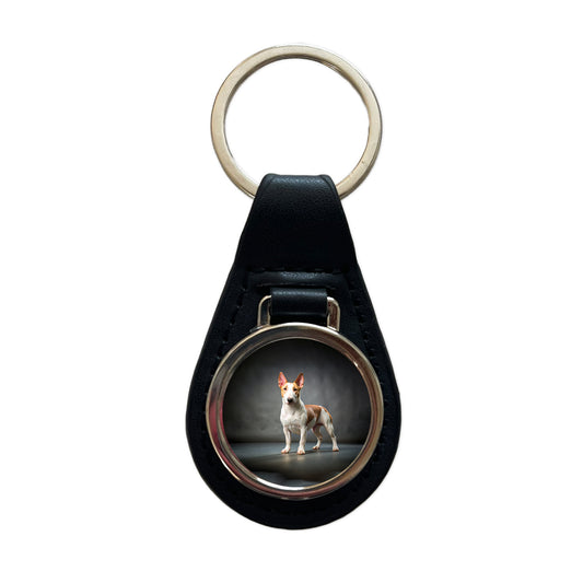 Miniature Bull Terrier Dog Photo Black Leather Metal Keychain